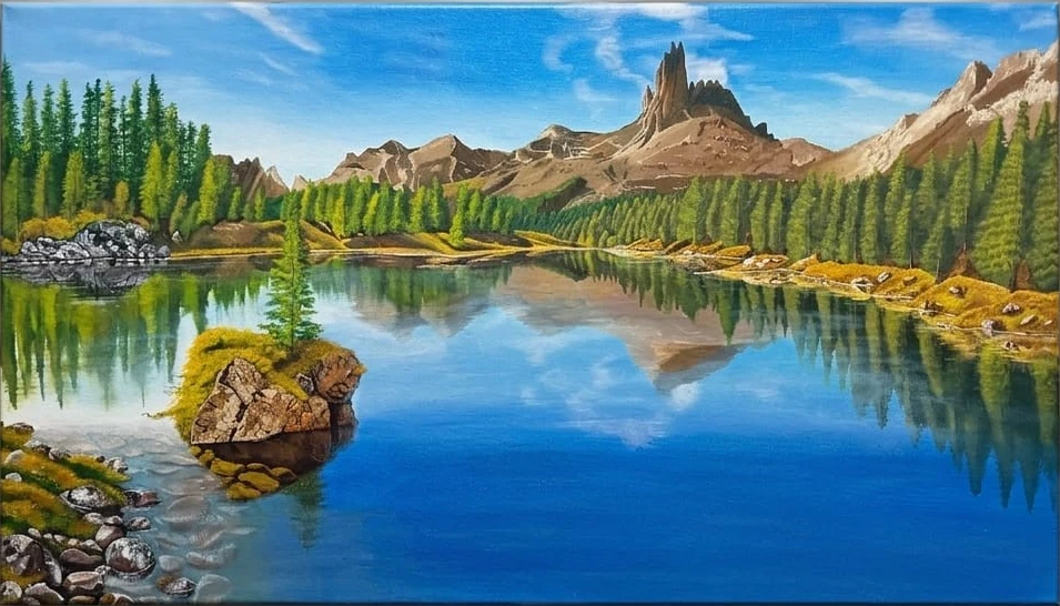 Paisaje lago, acrílico sobre lienzo, 40×70 cm