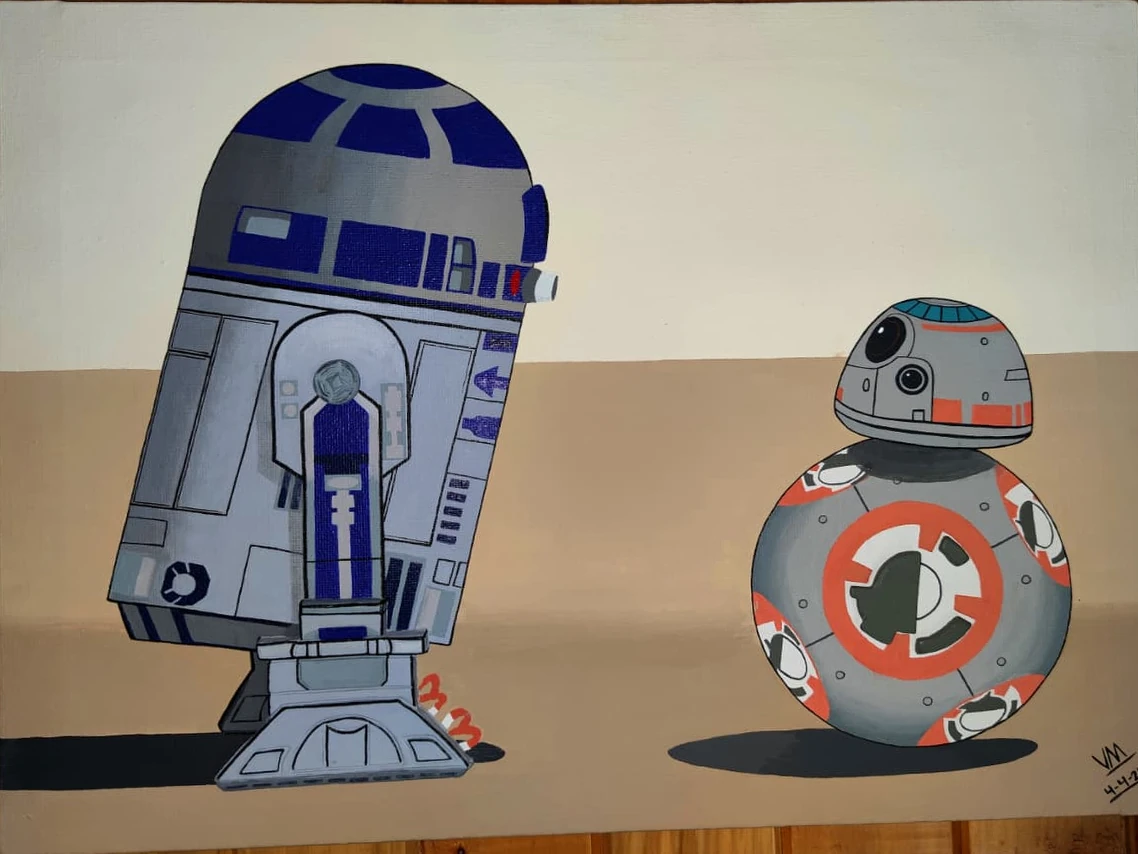 R2-D2 y BB-8, acrílico sobre lienzo, 30×40 cm